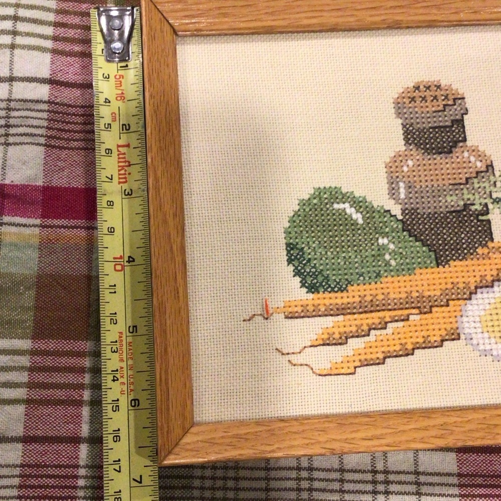 Framed Cross-Stitch Wall Art Garden Vegetables, Spice Bottle, Eggs Vtg. 1970s - Picture 5 of 6